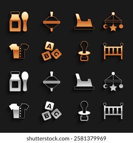 Set ABC blocks, Baby crib hanging toys, cradle bed, dummy pacifier, t-shirt, potty, Yogurt bottle with spoon and Whirligig icon. Vector