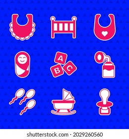 Ponga bloques ABC, Baby stroller, un pacificador ficador ficticio, Bomba de pecho, Sperm, bebé recién nacido nadado, bib e ícono. Vector