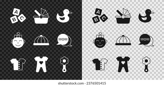 Set ABC blocks, Baby stroller, Rubber duck, t-shirt, clothes, Rattle baby toy, Little girl head and hat icon. Vector