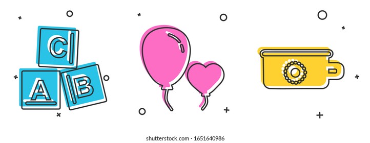 Set ABC Blocks, Balloons In Form Of Heart And Baby Potty Icon. Vector