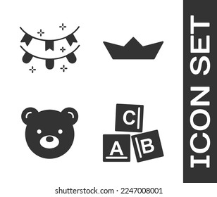 Set ABC blocks, Carnival garland with flags, Teddy bear plush toy and Folded paper boat icon. Vector