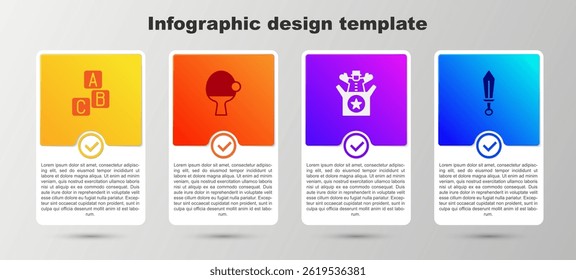 Set ABC blocks, Racket and ball, Jack in the box toy and Sword. Business infographic template. Vector