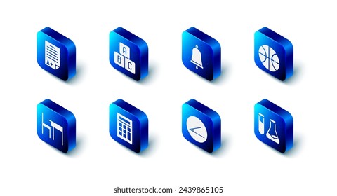 Set ABC blocks, Ringing bell, Basketball ball, Test tube and flask, Acute angle, Calculator, School table chair and Exam sheet with plus grade icon. Vector svg