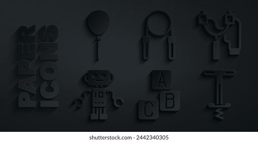 Set ABC Blöcke, Slingshot, Roboter Spielzeug, Pogo Stick Springen, Springseil und Ballons mit Band-Symbol. Vektor