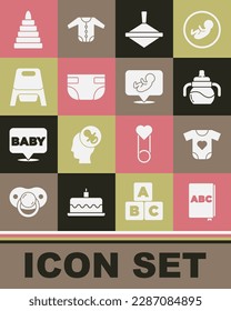Coloca el libro ABC, ropa para bebé, botella, juguete para remolcar, pañal absorbente, caca, pirámide e ícono. Vector