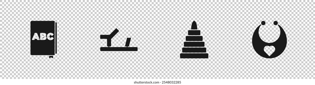 Set ABC book, Baby shoes, Pyramid toy and bib icon. Vector