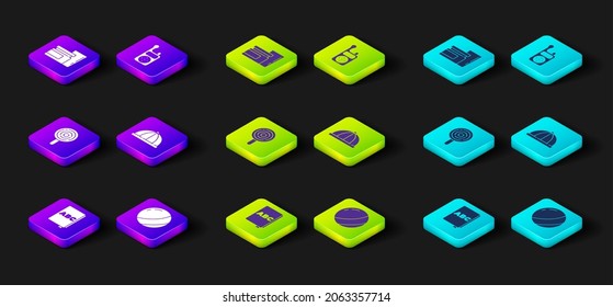 Set ABC book, Beach ball, Lollipop, Baby hat, Monitor Walkie Talkie and food icon. Vector
