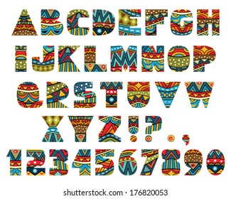Set of ABC letters with abstract ethnic African patterns. Rich ornate alphabet in African culture style. Fancy multicolored capital letters, schematic shapes. Vector is EPS8, all elements are grouped.