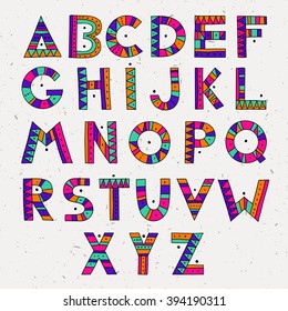 set of ABC letters. colorful hand drawn graphic font. ethnic tribal vector alphabet. 