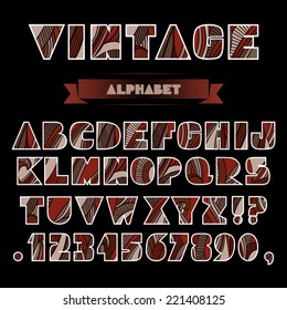Set of ABC letters and numbers with abstract striped vintage pattern. Rich ornate vector alphabet in warm chocolate colors and retro style. Fancy capital letters, schematic shapes.