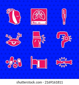 Set Abdominal bloating, Hospital bed, Bone pain, Gut constipation, Medicine pill or tablet, Insomnia, Medical thermometer and Toothache icon. Vector