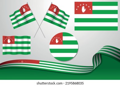 Set Of Abkhazia Flags In Different Designs, Icon, Flaying Flags And ribbon With Background.