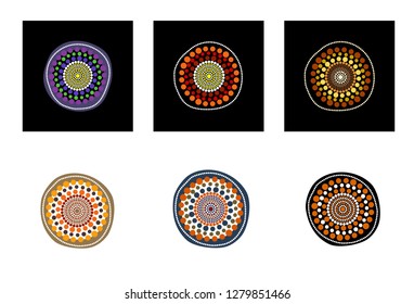 Set of aboriginal art vector icons including ethnic Australian motive with multicolored typical elements on black or white background