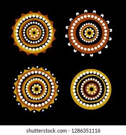 Set of aboriginal art vector icons including ethnic Australian motive with multicolored typical elements on black background