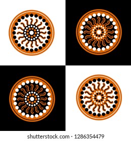 Set of aboriginal art vector icons including ethnic Australian motive with multicolored typical elements on black or white background