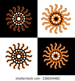 Set of aboriginal art vector icons including ethnic Australian motive with multicolored typical elements on black or white background