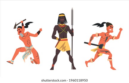 Grupo de guerreros aborígenes o indígenas, hombres africanos e indios vestidos con ropa étnica con vectores de dibujos animados con armas Ilustración