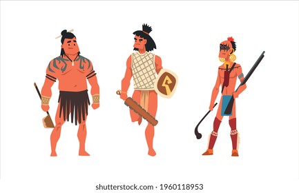 Set of Aboriginal or Indigenous Warriors, Men Dressed in Ethnic Clothes with Weapon, Representatives of Ethnic Tribes Cartoon Vector Illustration