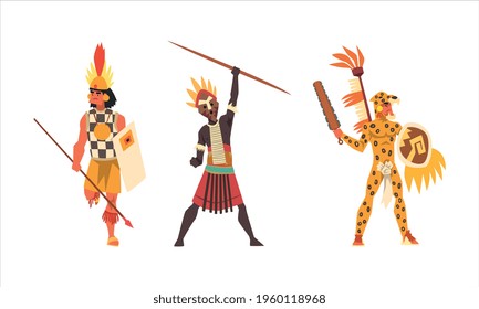 Set of Aboriginal or Indigenous Warriors, Men of Africa Dressed in Ethnic Clothes with Weapon, Representatives of African Tribes Cartoon Vector Illustration