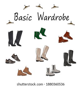 Set about a basic wardrobe. For work, leisure, shopping, travel, holidays. Boots, shoes, sneakers, boots, heels, shoes, shoes. Vector isolated image.