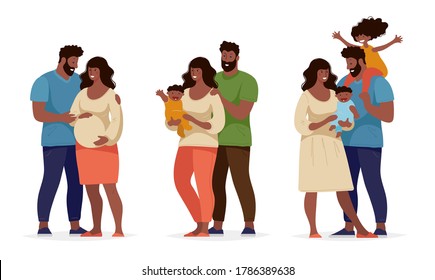 A Set About Family And Childbirth. Black Afro Family With Children, Husband And Pregnant Wife. Mom And Dad Are Standing With The Newborn. Flat Vector Illustration. Cartoon Design