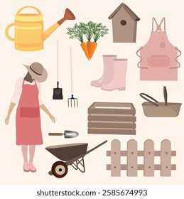 Set about gardening, girl in apron, watering can, basket, birdhouse, fence, rubber pink spogi, pink apron, shovel and pitchfork, carrots, garden cart, vector
