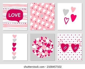 Set about love. Flat design in pink and gray colors. Valentine's day collection. Romantic greeting card, invitation, poster design templates. Vector illustration.