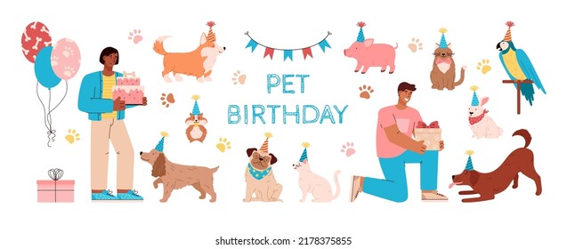 Set about pet birthday with people, gifts, decorations and cake flat style, vector illustration isolated on white background. Happy dogs and cats, pig, hamster, parrot and rabbit