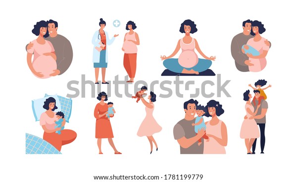 Hago un juego sobre el embarazo y la maternidad. Papá y mamá con un bebé, el niño está creciendo, yoga para mujeres embarazadas, una familia feliz. Ilustración de dibujos animados vectoriales planos aislados en fondo blanco.