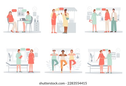 Set about pregnancy and motherhood. Healthy pregnancy concept. Flat vector illustration.