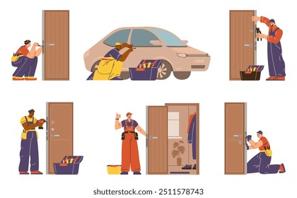 Trata sobre el trabajo de un cerrajero. Reparador en monos repara una cerradura en una puerta. Caja de herramientas. El trabajador abre una cerradura. Profesional. Servicio de reparación. Ilustración vectorial aislada sobre fondo blanco.