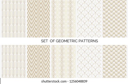 Set of absctract geometric ornamental pattern in golden lines on white background