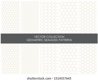 Set of absctract geometric ornamental patterns in golden lines on white background. Seamless vector collection.