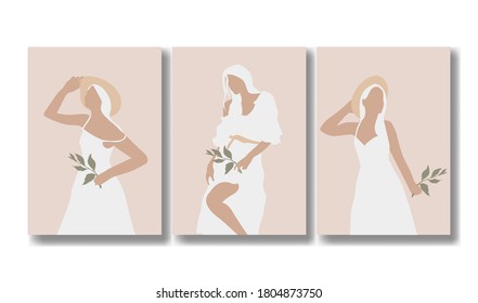 Set of absract style aesthetic hand drawn woman portraits, female silhouette. Trendy vector fashion illustration. Contemporary art, beauty concept, t-shirt print, postcard, poster, wedding invitation