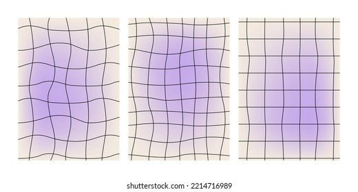 Set of abstact backgrounds with distorted wavy linear checkerboard. Vector posters in y2k aesthetic. Purple mesh gradient