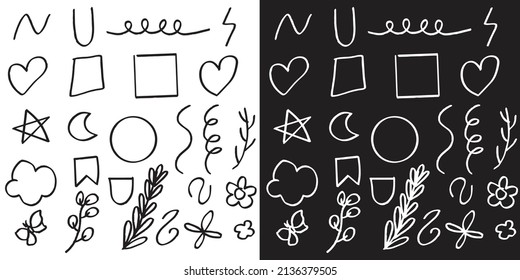 Set of abstact doodle scribble trend design. black and white color outline