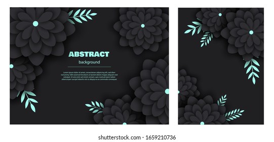 Set abstarct pattern with stylized decorative flowers, mint leaves. Color vector illustration in minimalist black color