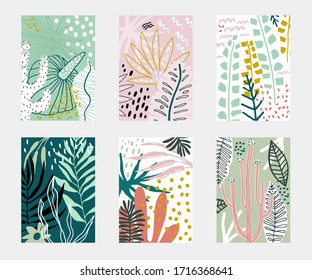 Set of Abstarct tropical flowers poster templates. Jungle folliage collages. artistic creative universal cards. Vector illustration