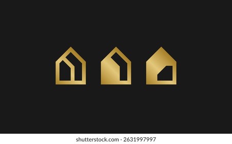 SET OF ABSTRACK HOME OR HOUSE LOGO IN GOLD AND BLACK COLOR