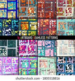 Set of abstract 16 arboards seamless patterns