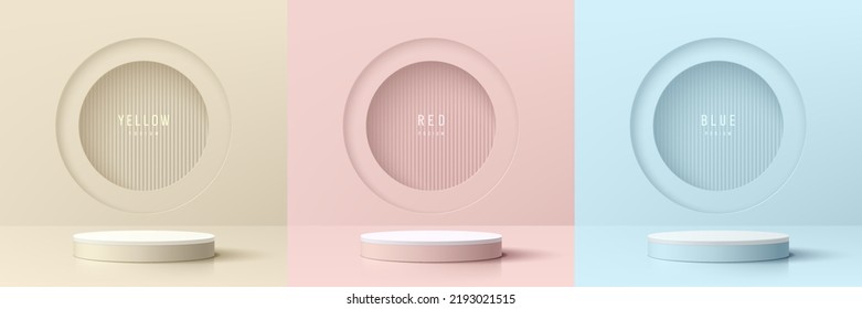 Set of abstract 3D background with beige, blue, pink realistic cylinder podium. Vertical pattern in circle scene. Vector rendering geometric form. Mockup product display. Minimal scene. Stage showcase