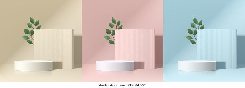 Set of abstract 3D background with beige, blue, pink realistic cylinder podium. Square partition and green leaf. Vector rendering geometric form. Mockup product display. Minimal scene. Stage showcase.