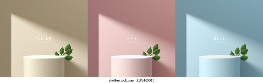 Set of abstract 3D background with beige, blue, pink realistic cylinder stand podium and green leaf decorate. Vector render geometric form. Mockup product display. Minimal scene. Round stage showcase.