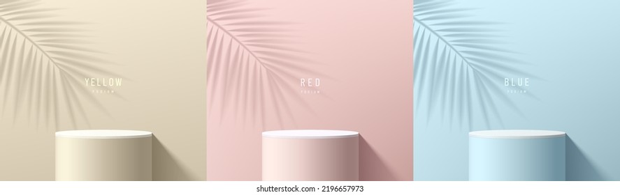 Set of abstract 3D background with beige, blue, pink realistic cylinder stand podium and shadow of palm leaf. Vector render geometric form. Mockup product display. Minimal scene. Round stage showcase.