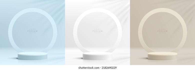 Set of abstract 3D background with realistic blue, white, beige cylinder pedestal podium. Circle backdrop. Minimal scene mockup products, Stage showcase, Promotion display. Vector geometric forms.