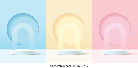 Set of abstract 3D background with realistic blue, yellow, pink, cylinder pedestal podium. circle backdrop. Minimal scene mock up product, stage showcase, promotion display. vector geometric forms.