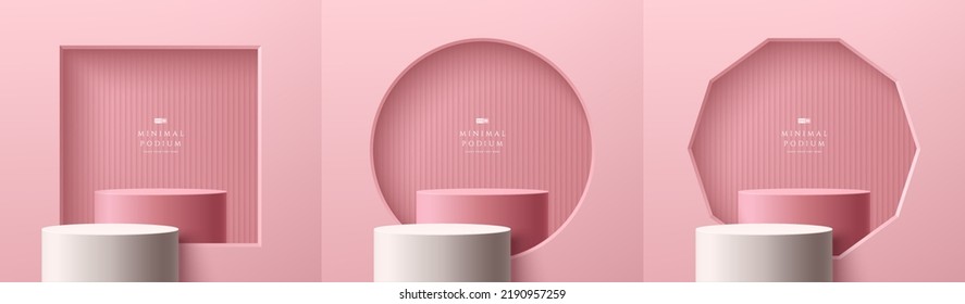 Set of abstract 3D background with realistic white, pink cylinder stand podium in square, circle round, octagon shape window. Minimal scene for product display. Vector geometric forms. Stage showcase.