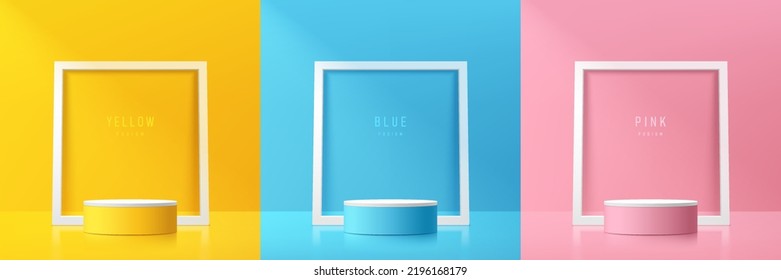 Set of abstract 3D background. Realistic yellow, blue, pink cylinder podium with White square frame scene. Vector rendering geometric form. Mockup product display. Minimal scene. Round stage showcase.