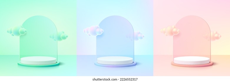 Set von abstraktem 3D-Hintergrund mit realistischem Zylinderpodium in Grün, Gelb, Rosa, blauem Hologramm-Farbe. Wolkenblasen fliegen. Minimale Szene-Produktdarstellung. Geometrische Vektorformen. Stufenvorführung.