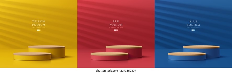 Set abstract 3D background and yellow  dark blue  red  wooden realistic cylinder podium  Minimal round scene and light   shadow  Stage showcase  Mockup product display  Vector geometric forms 